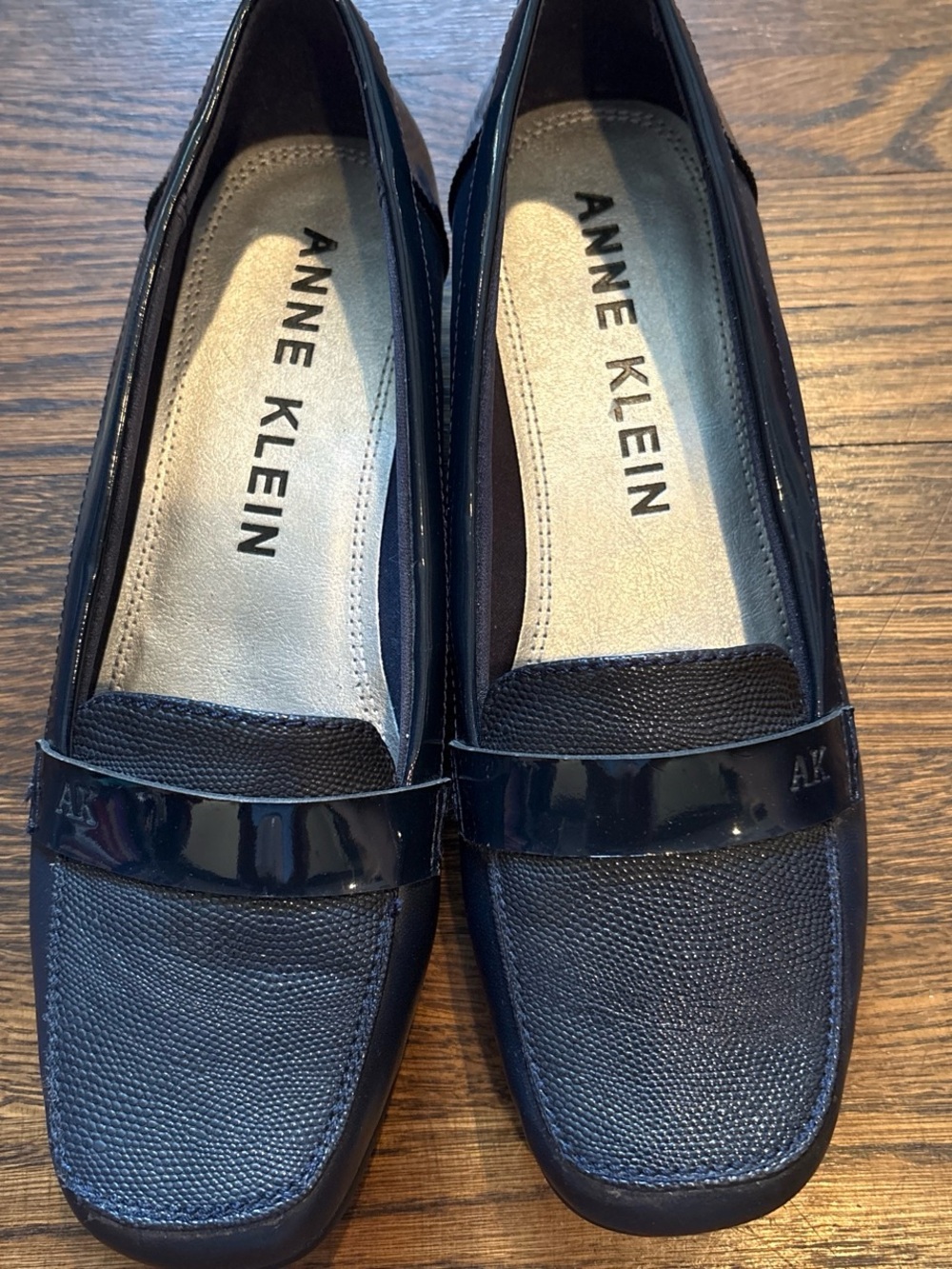 Anne Klein Navy Textured Patent-Trim Loafers - Picture 2 of 7
